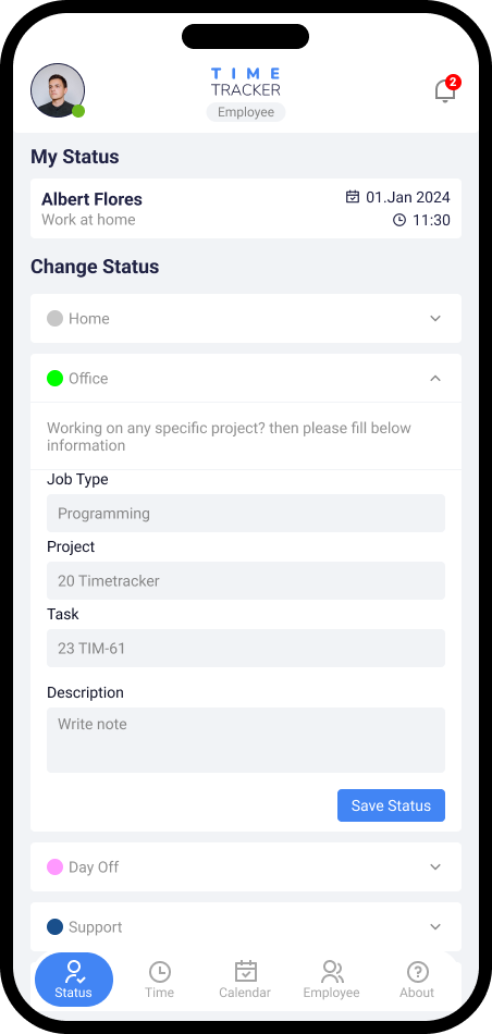 Time Tracker Mobile App - Home Screen
